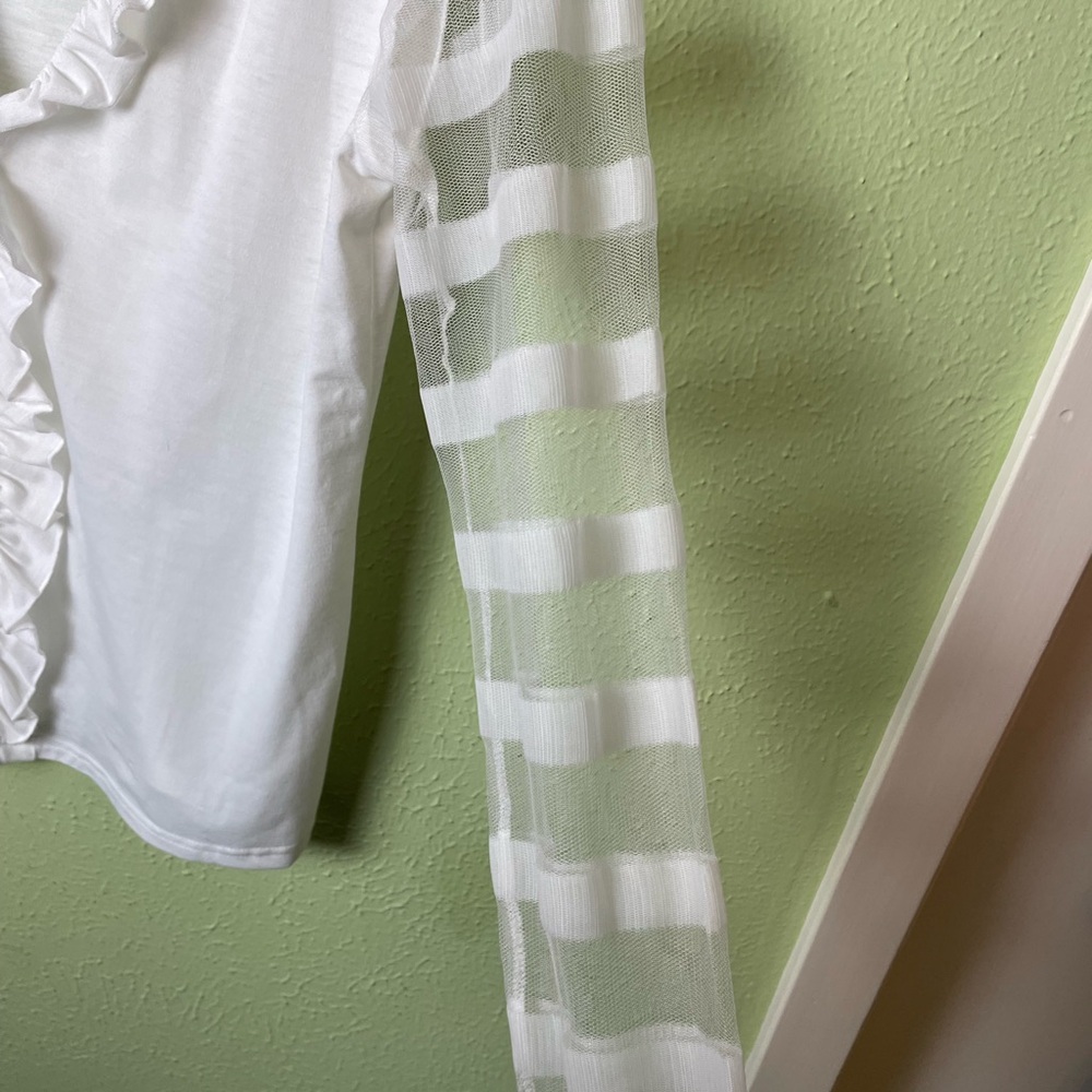 Misslook White Ruffle Top with Sheer Striped Long Sleeves - Picture 5 of 5